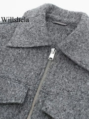 Willshela Women Fashion With Pockets Grey Front Zipper Jackets Vintage Lapel Neck Long Sleeves Female Chic Lady Outfits