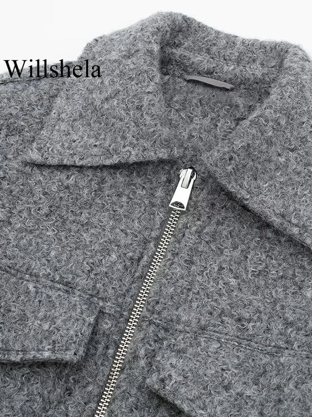 Willshela Women Fashion With Pockets Grey Front Zipper Jackets Vintage Lapel Neck Long Sleeves Female Chic Lady Outfits