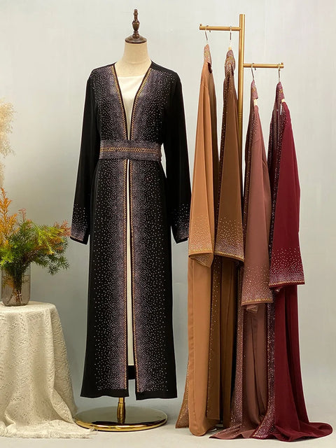 Hot Selling Ramadan Rhinestone Cardigan Islamic Dresses With Pockets Kebaya Muslim Kimono Abaya Dubai Modest Clothing Women Red