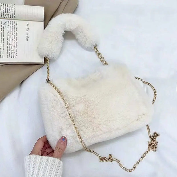 Fashion Women Fluffy Shoulder Bags Female Winter Chain Underarm Bag Solid Color Handbag Soft Plush Handle Bag