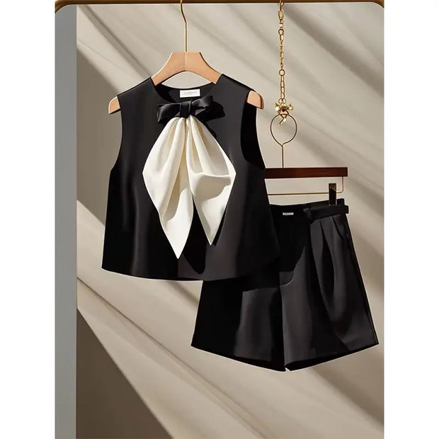 Summer Women Set High end Luxury Fashion Sleeveless Black Bow Tank Top High Waist Shorts Black Two Piece Sets Women Outfits