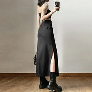 Women Midi Skirts Goth Dark Grunge Casual Tag Split Mall Gothic Punk High Raise Slim Long Skirt Y2k Sexy Fashion Streetwear