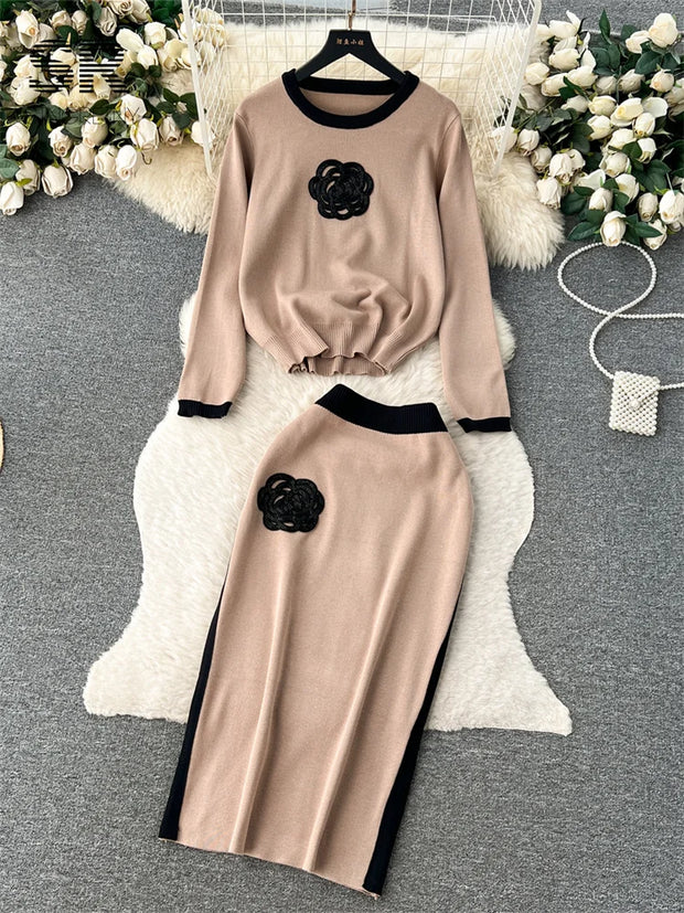 SINGREINY Elegant Two Piece Knit Set Winter Flower Design Long Sleeve Pullover Elastic Waist Long Skirt Fashion Sweater Suit