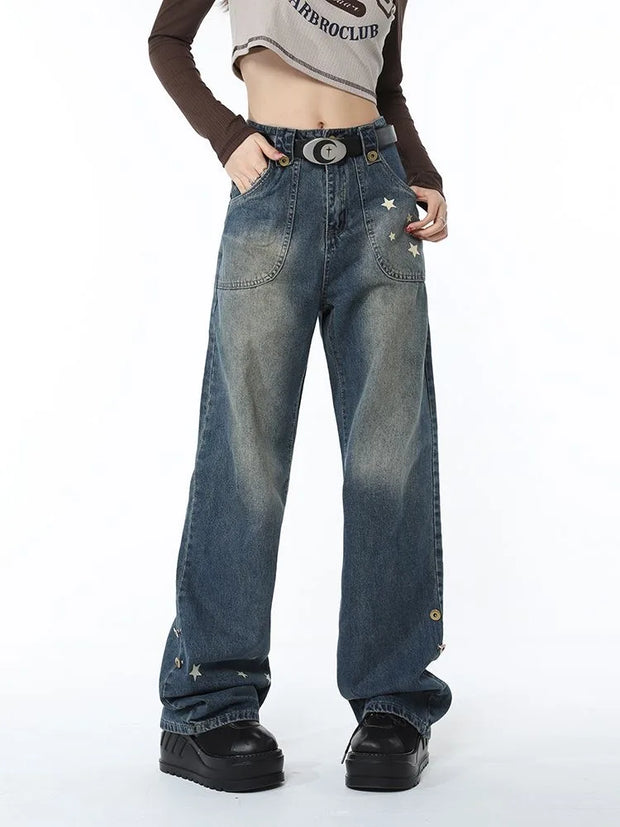 American Retro Jeans Five-point Star Raw Edge Splicing Loose Wide-leg Jeans Women Look Thin Trendy All-match Mopping Pants Women