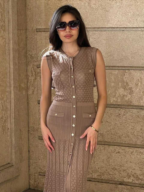 O Neck Buttons Split Women Knitted Dress Commuting Sleeveless Single Breasted Dresses 2024 New Summer Female High Street Robes