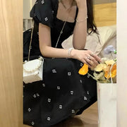 Elegant Women Midi Dress Korean Style Floral Print Square Collar Casual Black Dresses