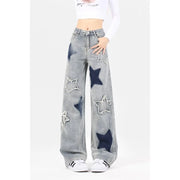 American Retro Jeans Five-point Star Raw Edge Splicing Loose Wide-leg Jeans Women Look Thin Trendy All-match Mopping Pants Women