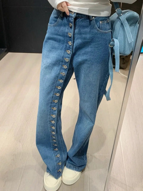 American Breasted Design Vintage Blue Wash Jeans Woman Y2K Streetwear Hip-hop Loose Casual Harajuku High Waist Straight Jeans