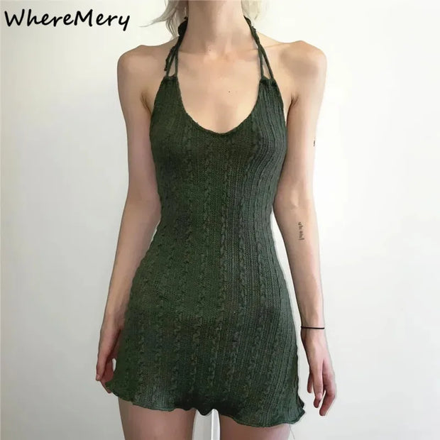 WhereMery Vintage Knitted Halter Short Dress Sexy Bandage Hollow Out Backless Dresses Elegant Sleeveless Texture Party Dresses