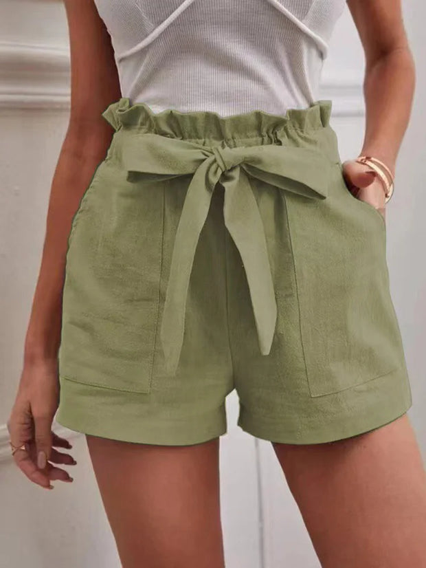 Stylish Solid Color White Shorts Women Pocket Drawstring Casual short Pants Summer Daily Pants