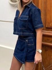 Women’s 2 Piece Denim Outfits Summer Short Sleeve Lapel Jean Pullover Tops and Asymmetrical Shorts Set for Streetwear Grunge Y2K