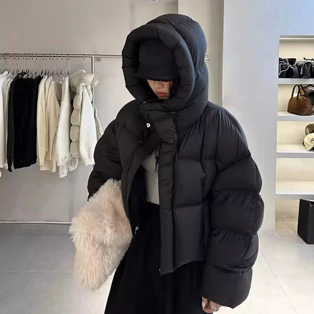 Korean Style Hooded Cropped Parkas Women 2024 Winter Thick Keep Warm Puffer Jacket Woman Solid Street Loose Bubble Cotton Coats