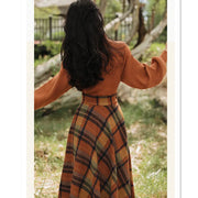 Women's Spring Autumn Vintage Plaid Long Skirts Sweater Two-Piece Set French Lady Graceful Knit Pullover High Waist Skirt Outfit