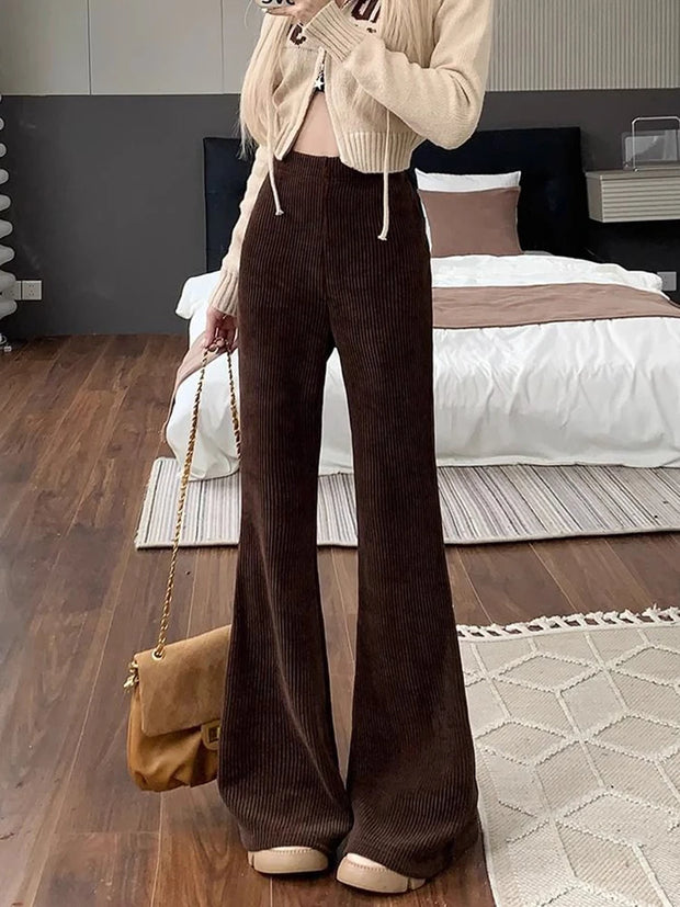 Jmprs Vintage Black Corduroy Flare Pants Women Casual High Waist Korean Trousers Fall Winter Female Simple Design Solid Pants