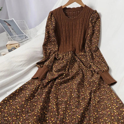 2025 Autumn Winter New Korean Patchwork Bandage Long Sleeved Knitted Dress Women's Fashion Slim Sweet Corduroy Flower Dresses