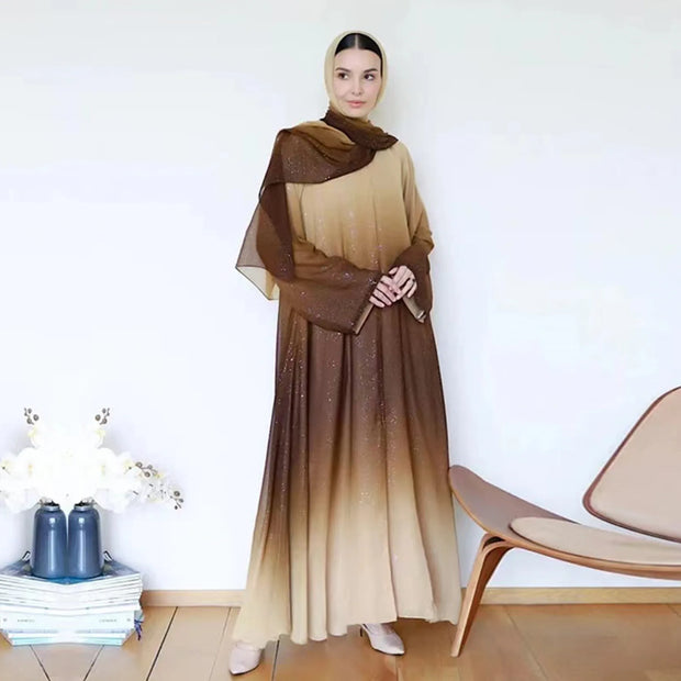 Dubai Luxury Shiny Gradient Color Abaya Open Kimono Muslim Dresses with Scarf Chiffon Modest Robe Khimar Islamic Kebaya Caftan