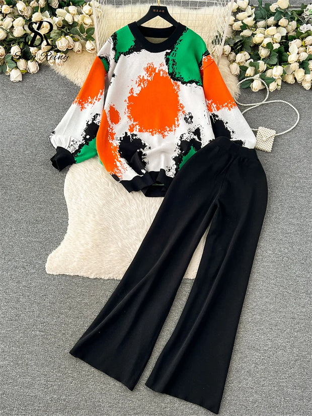 SINGREINY Winter Fashion Thick Sweater Suits 2024 Tie-dye Loose Pullover+Elastic Long Pants Print Casual Knitted Two Pieces Sets