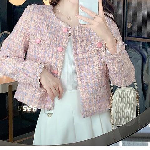 Women Pink Tweed Jacket Elegant Buttons Up Cardigan Coat Female Long Sleeve Tassel Office Outerwear Autumn Winter Chic Overcoat