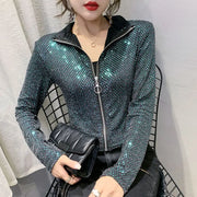 Autumn Jacket Women New Glitter Sequined Short Jacket Female Fashion Long Sleeve Design Sense Sexy Bottoming Shirt