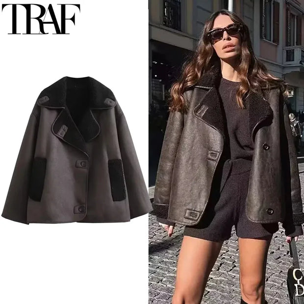 TRAF Fleeced Faux Leather Jacket Women Outerwears Vintage Cold Faux Wool & Blends Coats For Woman Autumn Winter Plush Jacket