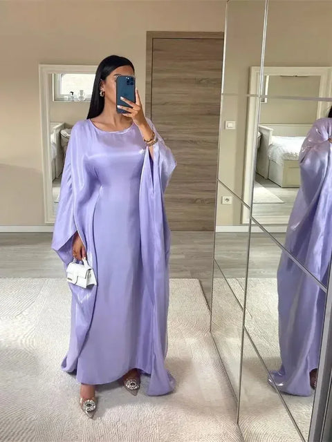 Ramadan Eid Summer Satin Batwing Abaya Dubai Women Islam Muslim Maxi Kaftan Dresses Kebaya Caftan Marocain Robe Femme Musulmane