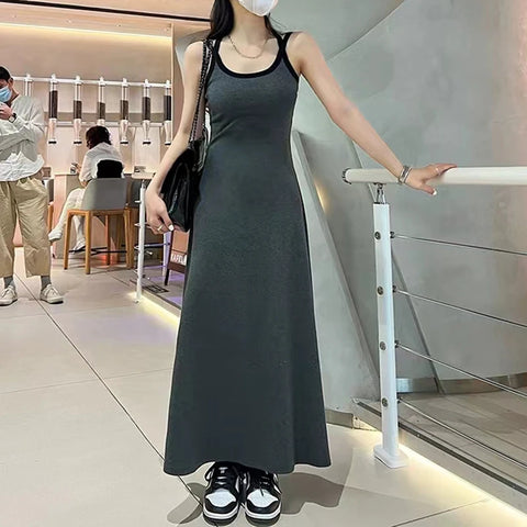 Camisole Summer Buttocks Wrapped Midi Dress Vest Skirt Large Swing Skirt Color Block Casual Women Clothing Holiday Dresses 2024