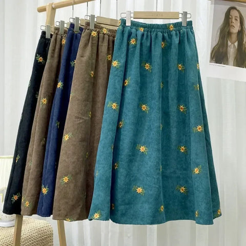 Corduroy Embroidery Women Skirts Autumn Winter New Arrival Floral Skirts Female High Waist Slimming Mid-calf Skirts for Women