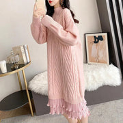 Autumn Winter Long Sleeve Sweater Dress Women Korean Ruffles Loose Knitted Dresses Woman 2023 Women's Mid-Length Knit Base Dress