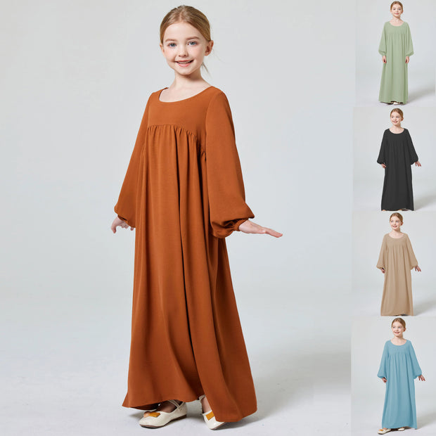 Kids Abaya Ramadan Muslim Dubai Elegant Girl's Solid Crew Neck Long Sleeve Kaftan Kebaya Dress For Party Pray Gift