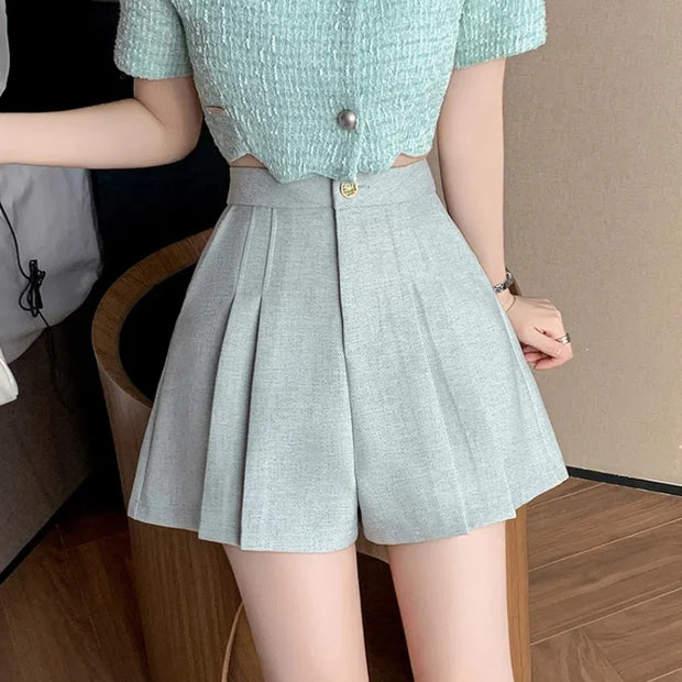 2025 New Spring Summer Women Shorts Korean Style Fashion High Waist A-line Pleated Shorts Skirts Ladies Casual Wide-leg Shorts