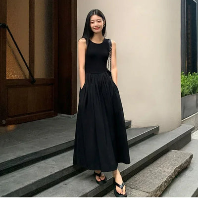 New Vintage Black Tank Top Midi Dress Wedding Dresses for Women Clothing O Neck Office Lady Casual Pockets Women's Clothing