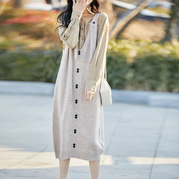 Spring and autumn knitted strap dress women's wool sweater fashion large size pullover strap skirt V-neck Chic button Long dress