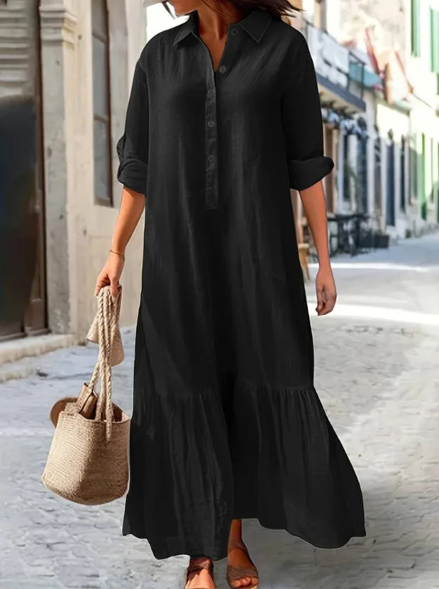 Cotton Linen Long Dress Women Long Sleeve Button Solid Color Casual Ruffles Loose Dresses Spring Autumn Comfortable Shirt Dress