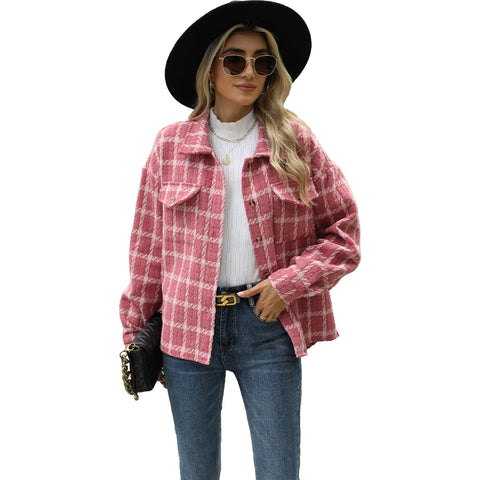 New Style Lapel Plaid Long Sleeved Loose Cardigan Woolen Coat for Women