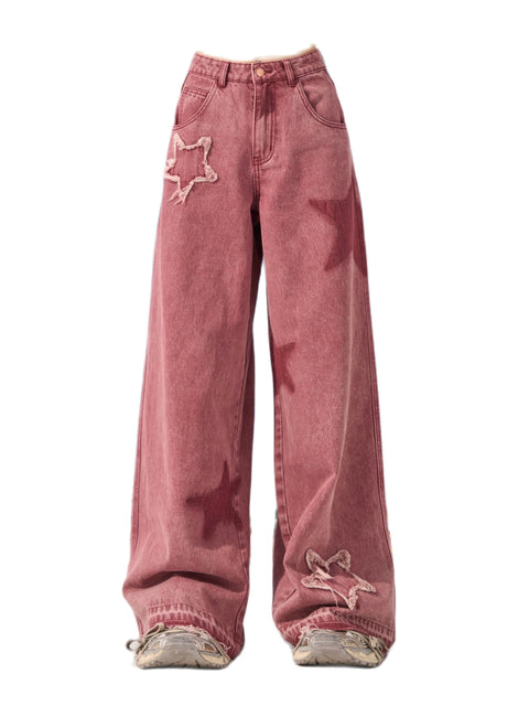 Pink Star Straight Leg Jeans Women's Summer Design Feel Y2K Loose and Slim Wide Leg Casual Pants