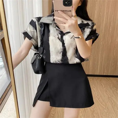 Summer 2024 New Fashion Temperament Printing Blouse Irregular High Waist A-line Skirt Two-piece Suit Femme Trend Matching Sets