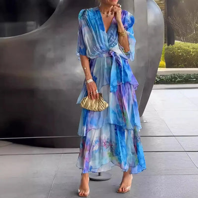 Elegant Chiffon Print Long Party Dresses For Women 2025 Summer Fashion Half Sleeve V-neck Lace Up Maxi Dress Casual