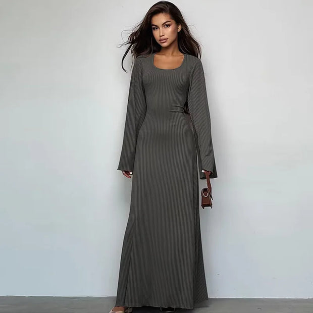 Elegant Knitted Maxi Dress For Women Fashion Solid Lace Up Long Sleeve Slim Dresses New Lady Commuting Robe Party Vestidos 2024