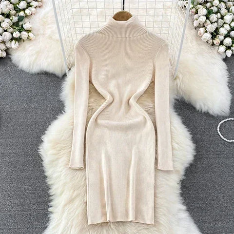 Elegant Turtleneck Long Sleeve Knit Bodycon Pencil Dress Slim Basic Fashion Sweater Vestido Sexy Women Autumn Winter Clothing