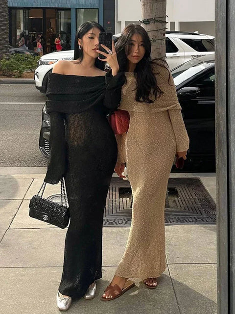 Long Sleeve Sexy Hollow Out Knitted Dresses Women Elegant Off Shoulder Knit Long Dress Party Evening See Through Robe Vestidos