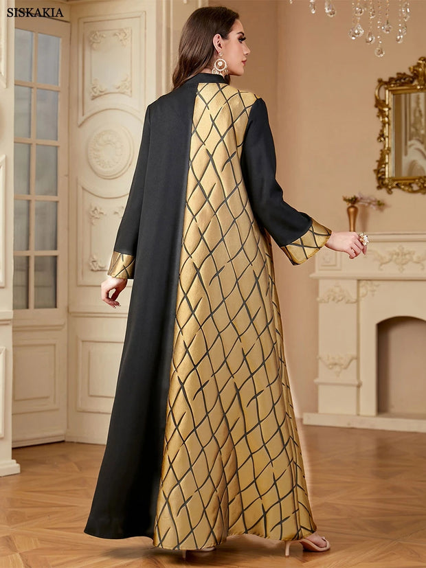 Siskakia Ramadan-Dubai Sequins Embroidery Panel Long Dresses For Muslim Women's Patchwork Sleeve Kebaya V-Neck Abayas