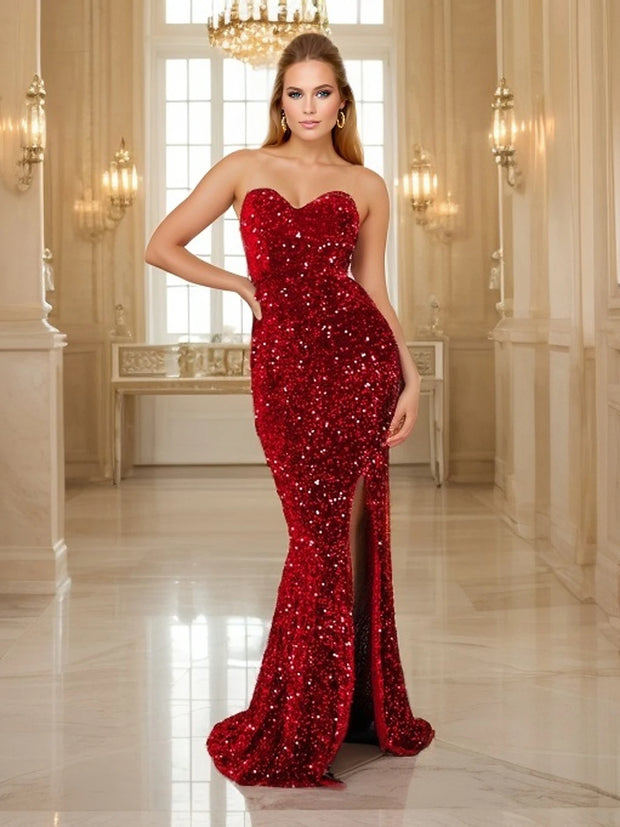 Romagic Red Sequin Strapless Cocktail Prom Dresses Stretch Velvet Sexy Slit Leg Paded Backless Mermaid Formal Evening Dress 2025