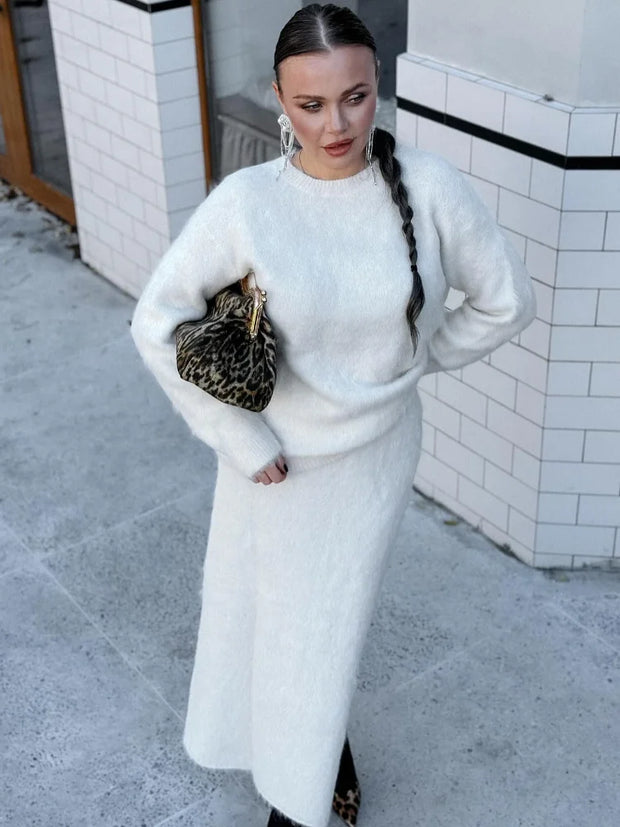 Fashion Solid Mohair Knit Long Skirt Sets Women O Neck Full Sleeves Pullover Sweater Autumn Female High Street Commute Outfits