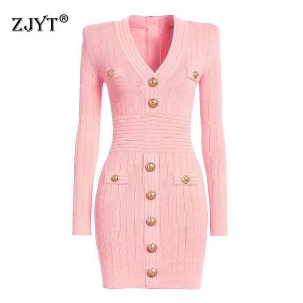 ZJYT Autumn Winter V Neck Buttons Knitting Sweater Dresses for Women 2024 Fashion Long Sleeve Mini Party Dress Vestidos Female