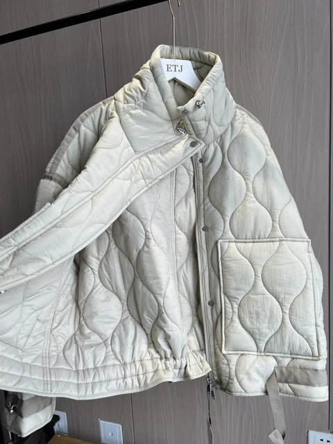 Quilted coat for women ETJ 2024traf QUILTED JACKET WITH TIES new beige drawstring high neck pocket clip cotton jacket for women