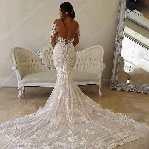 Deep-V Neck Wedding Dresses For Women 2024 Off Shoulder Lace Long Sleeves Mermaid Bridal Gowns Ball Vestidos De Novia Customized