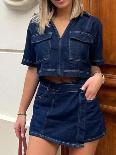 Women’s 2 Piece Denim Outfits Summer Short Sleeve Lapel Jean Pullover Tops and Asymmetrical Shorts Set for Streetwear Grunge Y2K