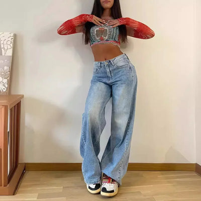 Wide-Leg Pants Hot Girl Loose Jeans Retro American Style Jeans Women Long Women High Waist Straight Denim Pants