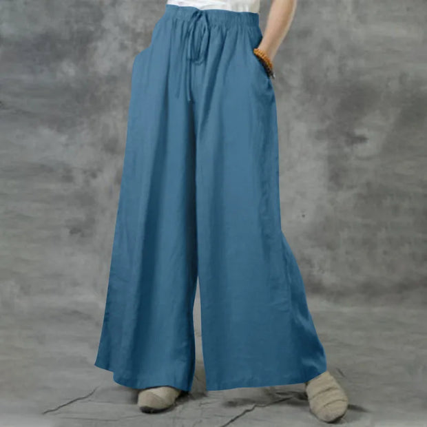 New Summer Loose Size Casual Wide-Leg Pants Solid Color Cotton Linen Elastic Waist Pants Ladies Street Drawstring Trousers