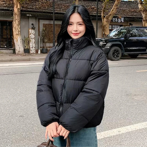 Black Fluffy Crop Parkas Coats Women Korean Streetwear Winter Thick Warm Simple Short Coats Fashion All Match Down Jacket New